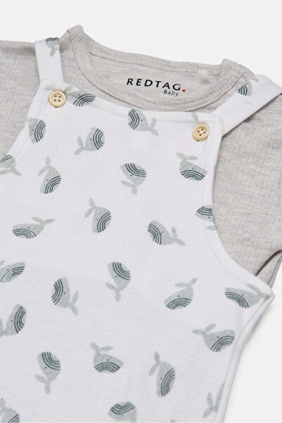 REDTAG Baby White And Grey Printed Dungaree Set (2 Piece)