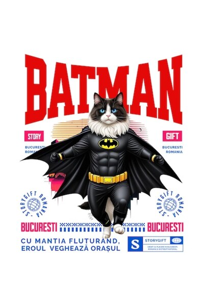 OEM Стикер с котка Парцалена кукла в костюм на Батман с пелерина, Нощен герой...