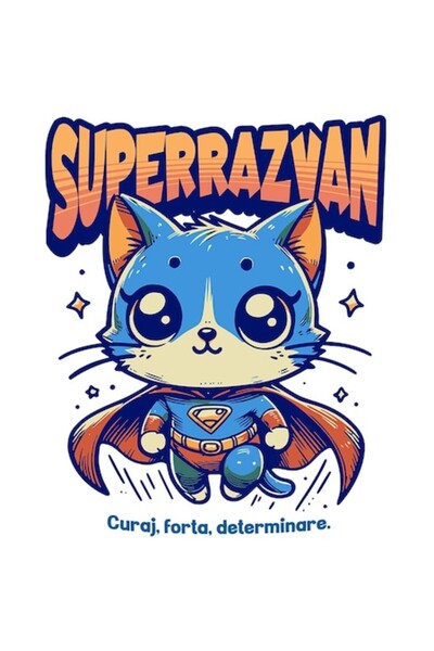 OEM Autocolant Super Razvan - Pisică Zburătoare Supererou cu Margini Albe, Vi...