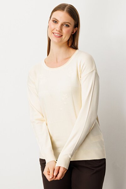 ON Women's Plus Size Floral Embroidered Crew Neck Knit Sweater 65359 Cream