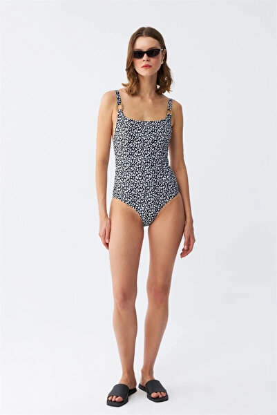 alfa expres Clothing Women's Navy Blue Geometric Patterned Accessory Strap One-Piece Swimsuit