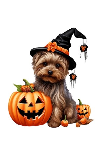 OEM Autocolant cu un cățeluș pufos cu pălărie de vrăjitor și dovleci, Hallowe...