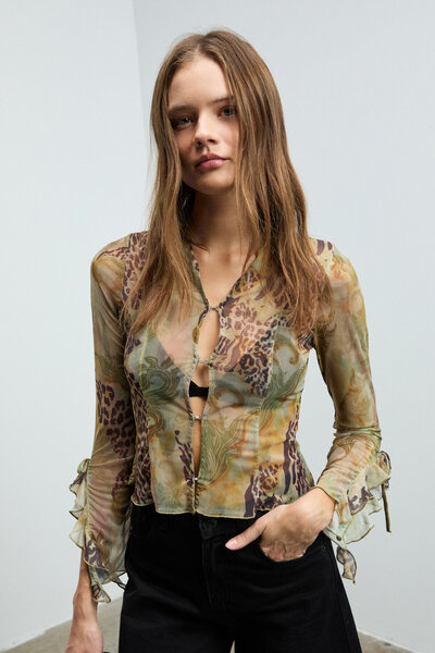 GRIMELANGE Zavine Women's Stretchy Printed and Soft Textured Mesh Fabric Ruffled Multi-Colored Blouse with an Agraf Closure