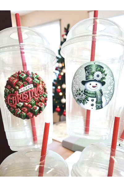 Armada Set de 10 pahare din plastic pentru limonadă și milkshake, cu capac perforat de 400 cc, cu tematică de Anul Nou, cu paie de hârtie