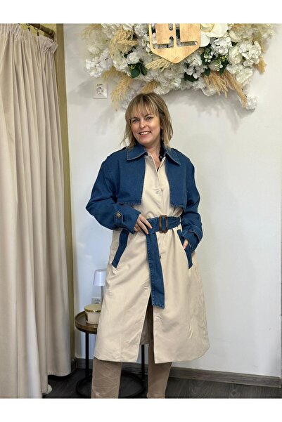 OEM Beige trench coat with denim inserts.