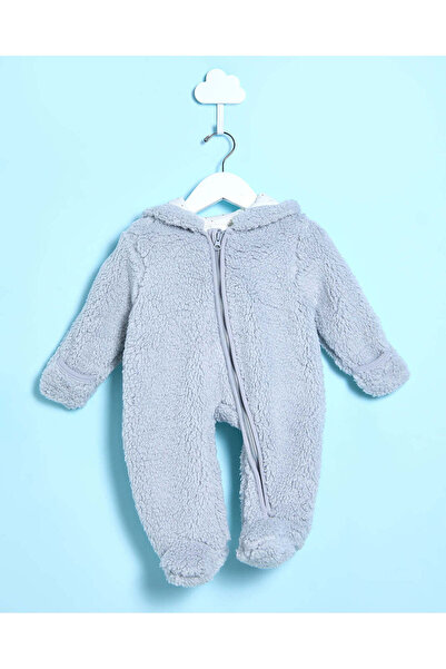 REDTAG Baby Grey Fluffy Hooded Sleepsuit