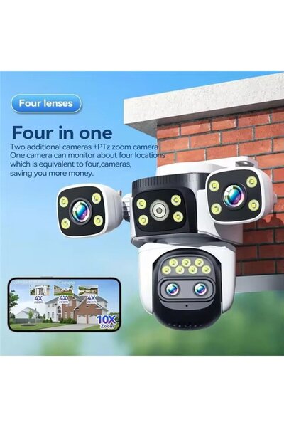 AMYMAT 4-Lens Surveillance Camera, 10x Digital Zoom, 360° View, Night IR, Motion Detect, Indoor/Out
