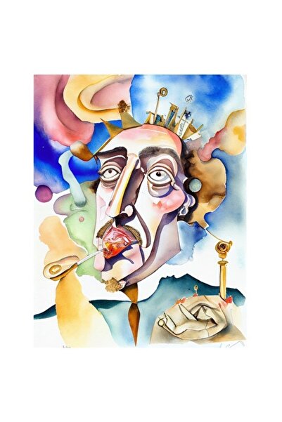 OEM Autocolant pictură bizară — față masculină cu mustăți, cer colorat, clădi...