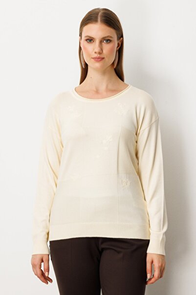 ON Women's Plus Size Floral Embroidered Crew Neck Knit Sweater 65359 Cream