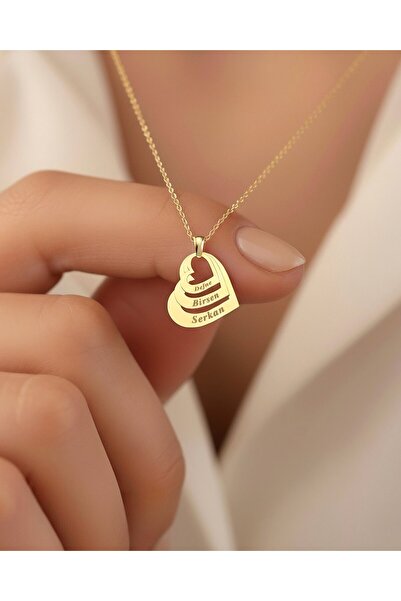 İNDİGO TAKI Üç İsimli Kalpler 14 Ayar Altın Kolye