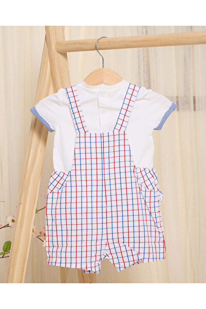 REDTAG Baby Red And White Checkered Dungaree And White T-Shirt (2 Piece)