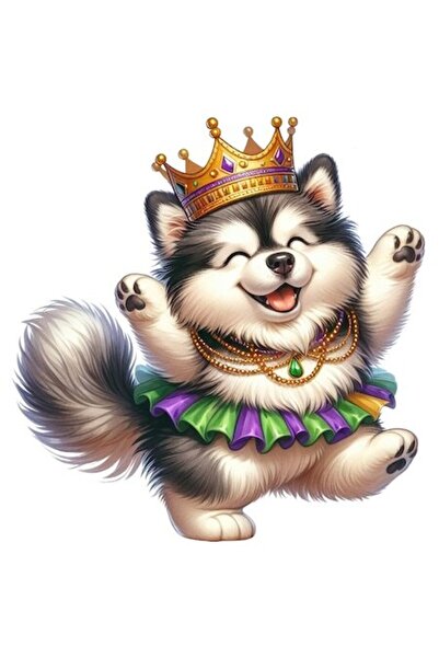 OEM Autocolant cățeluș dansator fericit cu coroană și lanțuri aurii, bordură ...