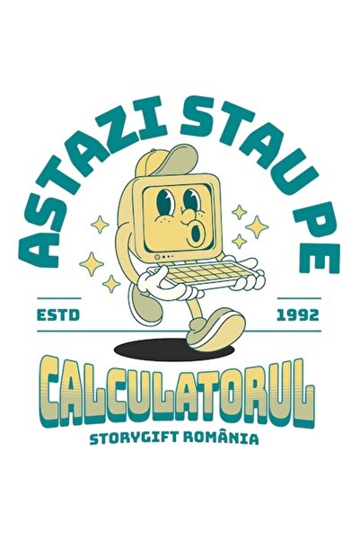 OEM Vintage Monitor Sticker with Cap & Keyboard — Romanian Text 'Astazi Stau ...
