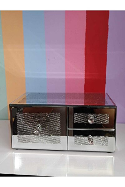 DEKOR ZÜCCACİYE HOME Silver Inlaid Mirrored 3 Drawer Organizer Luxury Makeup Jewelry Box