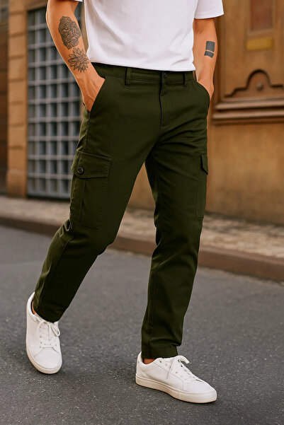 DAMGA JEANS Men's Loose Fit Trendy High Waist Khaki Cargo Pants