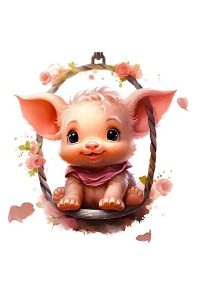 OEM Sticker - piglet on a swing illustration, flowers, pink, white border, PVC vinyl 23 cm