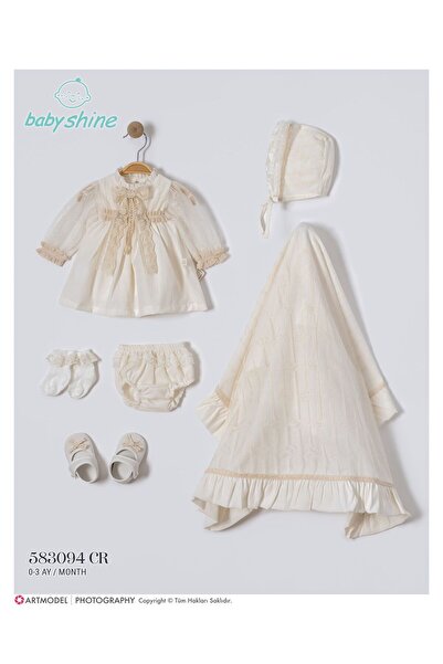 Baby shine طقم استقبال بناتي فاخر 100%من القطن الطبيعي -5 قطع- فستان الدانتيل...