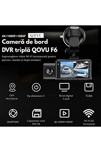 QOVU F6 4K Triple Dash Cam — Front 4K, Interior 1080P, Rear 1080P, 64GB Card, 24H Parking, G-Senso