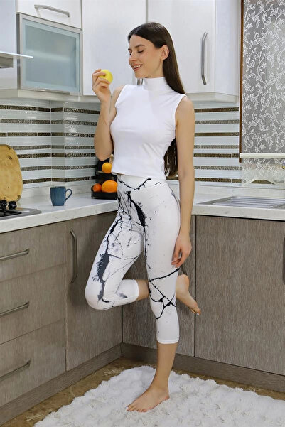 alfa expres Clothing Women's Micro Patterned Knee Length Leggings White