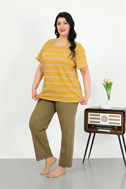 alfa expres Clothing Women's Plus Size Short Sleeve Combed Cotton Pajama Set Yellow