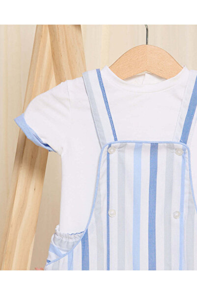 REDTAG Baby Blue And White Dungaree And White T-Shirt (2 Piece)