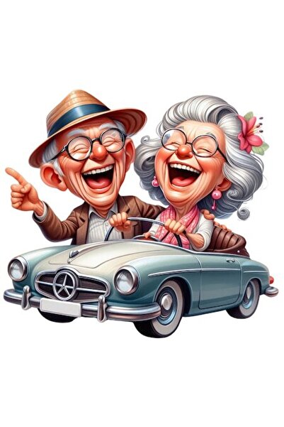 OEM Autocolant - ilustrație bunici, cuplu fericit în mașină, bordură albă, vi...