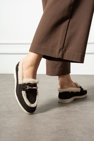 FUGA MODA Lorven Brown Suede Buckle Plush Striped Detail Loafer Ballet Casual Shoes