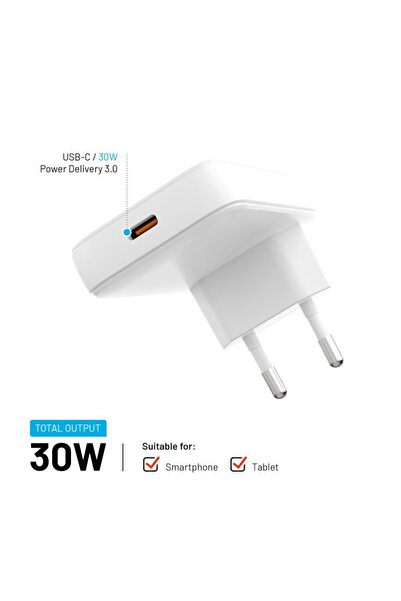 FIXED Slim 30W Power Adapter, USB-C, GaN Technology, Fast Charging Power Delivery 3.0, White