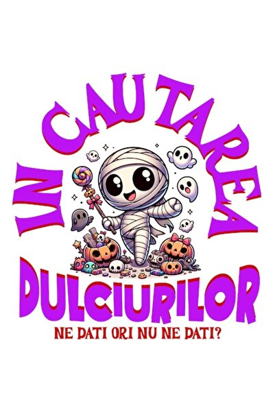 OEM Autocolant Halloween Happy Mummy „Cauți dulciuri?” Bordură albă PVC 10 cm