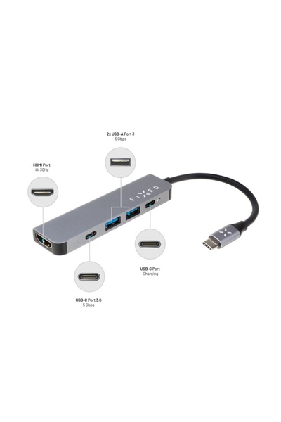 FIXED Docking Station USB-C with HDMI, 2x USB 3.0, 1x Type-C PD 100W, Transfer 5Gbps, Full HD, Gray