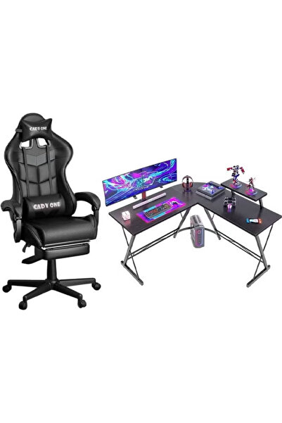 Cady One 2-in-1 Adjustable Gaming Chair Set with Cushion and Headrest, and L-Shaped Computer Desk and Table