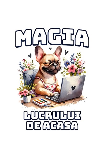 OEM Autocolant câine la birou — text „Magia muncii de acasă”, margini albe, v...