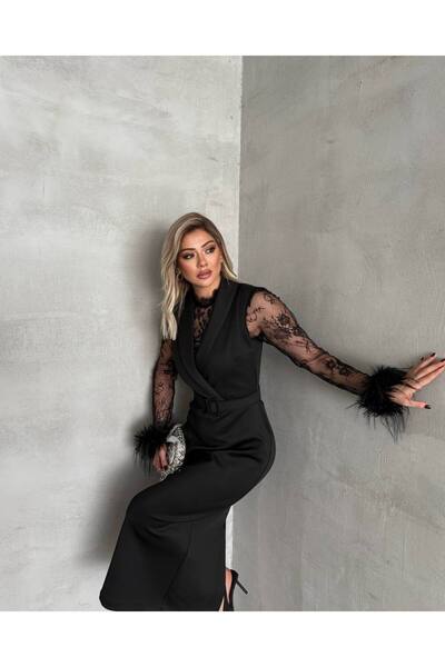 Siseniorita Rochie Midi Elegantă Dama, Cu Mâneci Transparente din Dantelă și Manșete cu Pene, Rever Tip Sacou