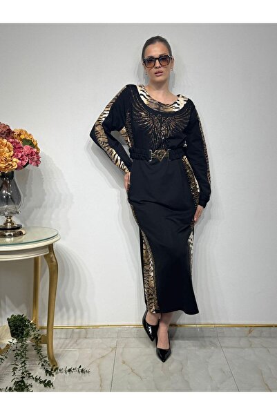 Charlize CHARLİZE, KAPLAN DERİ DETAYLI TAŞLI KEMERLİ, ARKA YIRTMAÇLI LÜKS ELBİSE