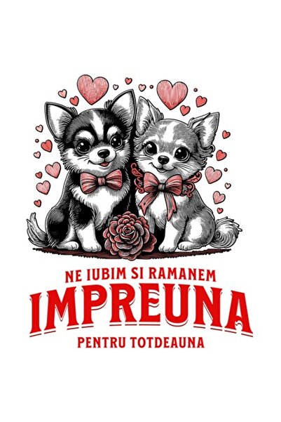 OEM Αυτοκόλλητο: Πορτρέτο ζευγαριού σκύλων με κόκκινα φιόγκια, «We Love and S...