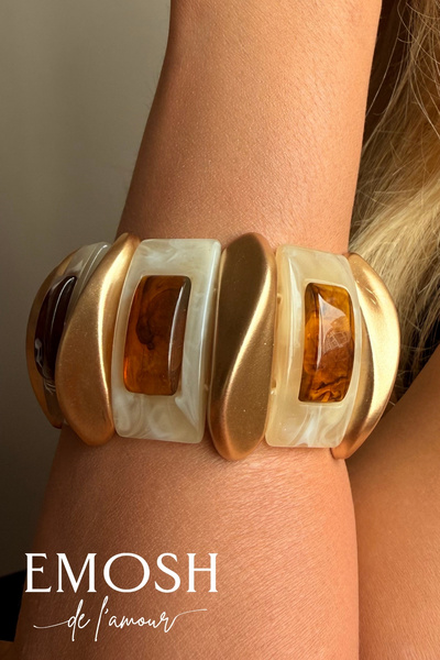 EMOSH de Lamour Esnek Kehribar & Krem Manşet Bileklik | Altın Plakalı Lüks St...