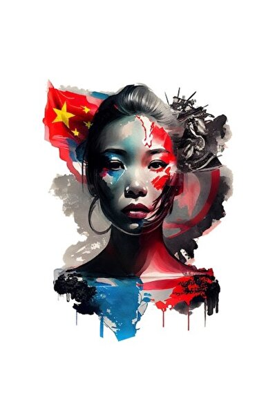 OEM Autocolant: Portret fată cu floare în păr, lacrimi, steaguri SUA și China...