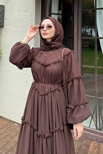 Salih Çelebi Şifon Fırfırlı Elbise 9886 - KAHVERENGİ