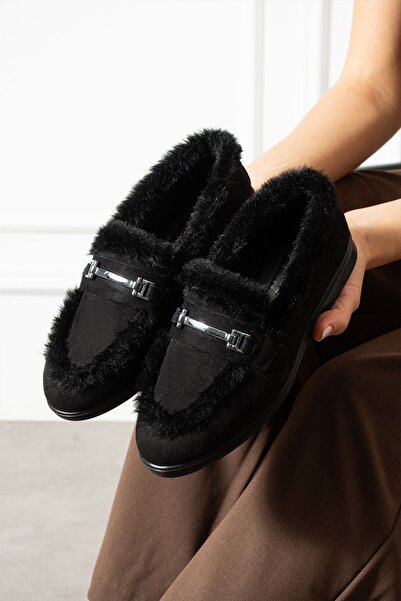 FUGA MODA Lorven Black Suede Buckle Plush Striped Detail Loafer Ballet Casual Shoes