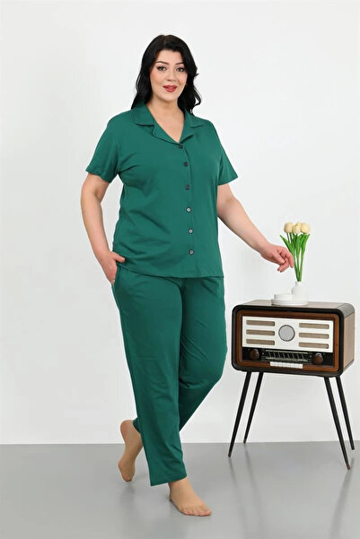 alfa expres Clothing Women's Plus Size Cotton Pocket Buttoned Emeraldgreen Pajama Set