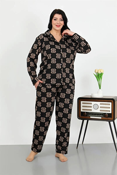 alfa expres Clothing Women's Plus Size Cotton Pocket Buttoned Black Pajama Set