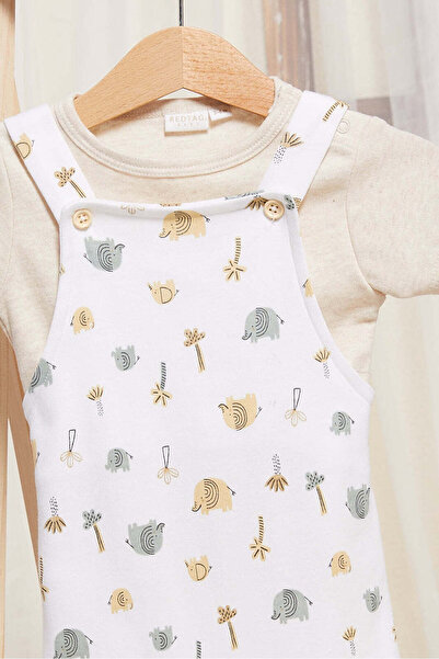 REDTAG Baby White And Beige Printed Dungaree Set (2 Piece)