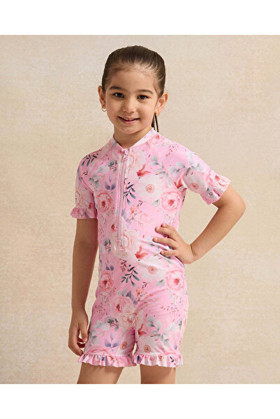 REDTAG Girls Pink Floral Print Swimsuits