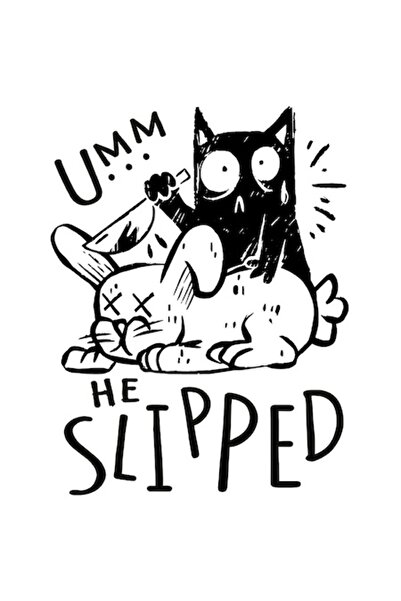 OEM Autocolant „Umm He Slipped” - Pisică, Iepure, Cuțit, Alb-negru cu Bordură...