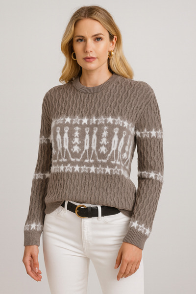 Minora Minoralady Women's Nordic Figure Pattern Knitted Sweater with Beard Coffee