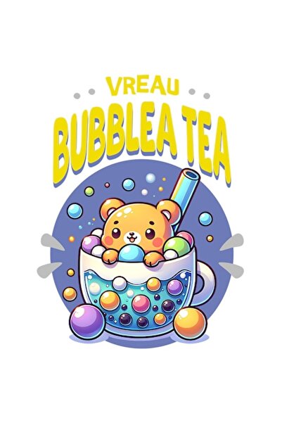 OEM Autocolant ceașcă de ceai cu bule și ursuleț, text ceai rece, bordură alb...