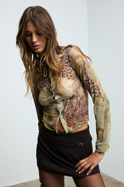 GRIMELANGE Viverro Women's Stretchy Printed Soft Textured Buttoned Mesh Fabric Multi-Colored Blouse