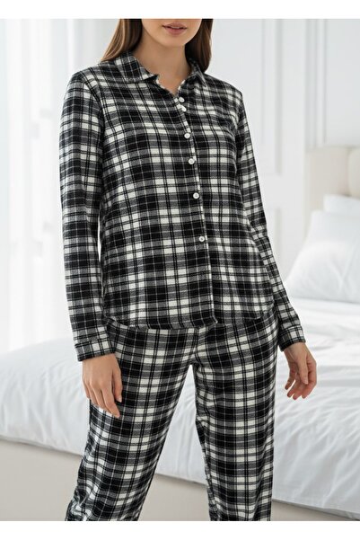 Fanwet Women's Suede Velvet Long Sleeve Front Buttoned Shirt Collar Black White Plaid Pajama Set