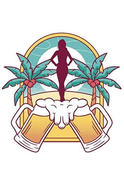 OEM Autocolant peisaj tropical - siluetă feminină, halbe de bere, palmieri, P...