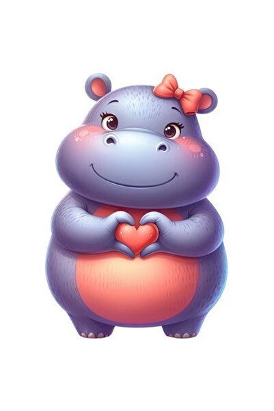 OEM Sticker - female hippopotamus making heart gesture, bow, blushing, Valentine's Day, PVC vinyl, 15 cm